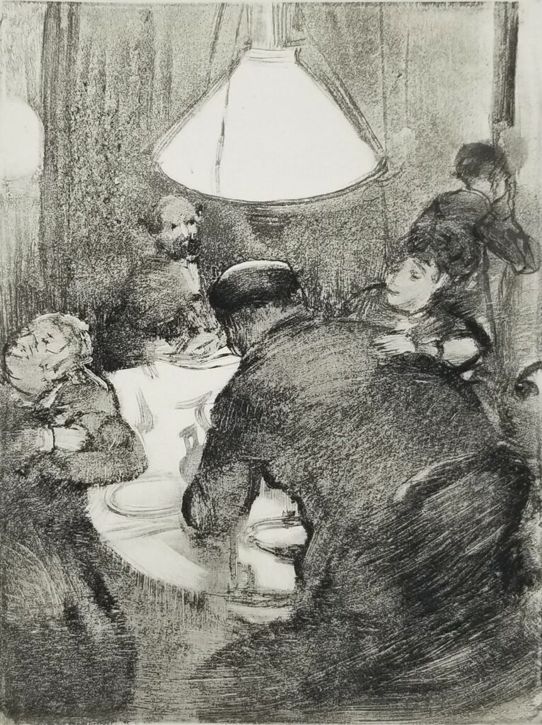Edgar Degas: 3IE-1877-60-2, Dessins faits à l’encre grasse et imprimés =? 1876-77ca, The famous good friday dinner (from Ludovic Halévic: La famille Cardinal), print after monotype, 21x16, private (aR21;M152;M22;iR10)