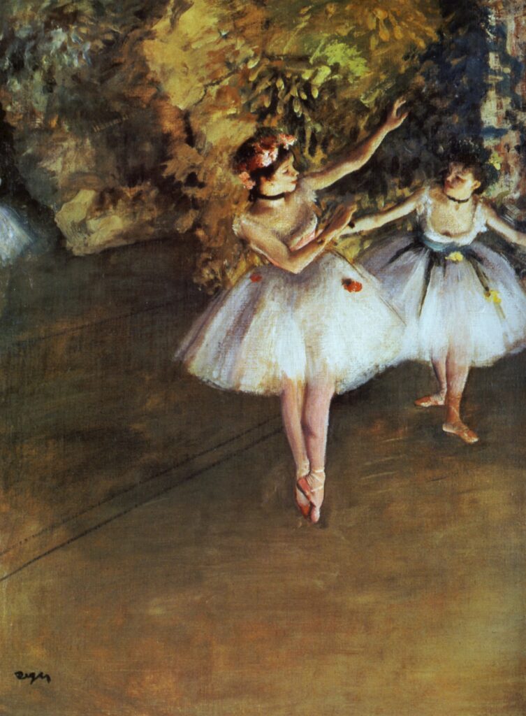 Edgar Degas: 1874-77ca, CR425, Two Dancers on Stage, oil, 62x46, Courtauld London (iR53;iR8;R26,no472;R114,no425;M60) = Expo London 1874; former collection Henry Hill