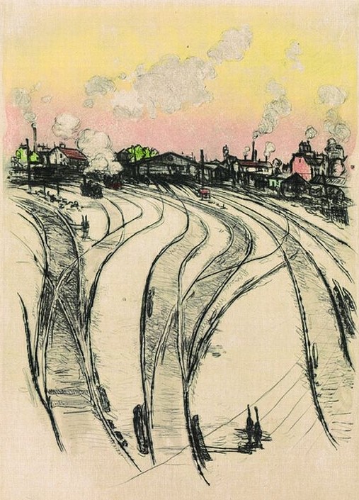 Jean-François Raffaëlli: 1909-1911ca, D90, La Gare du Champ-de-Mars (Chemin de fer), colour etch, 20x14, A2003/11/06 (iR11;iR40;R138XVI,no90) Compare: 6IE-1881-114, Chemin de fer sous la neige