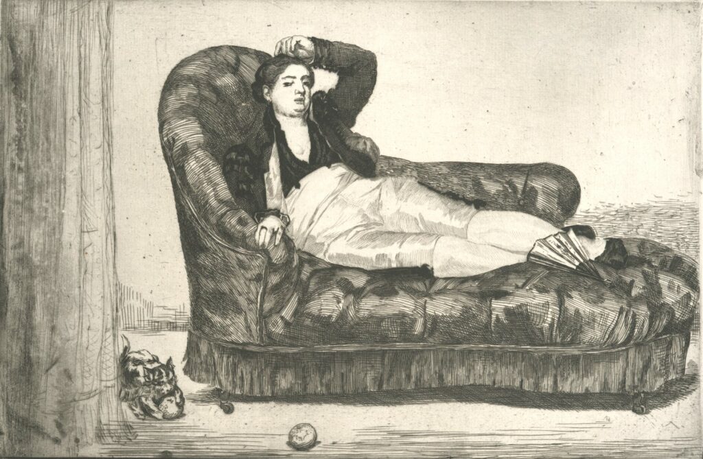 Félix Bracquemond: 1IE-1874-25-3, Le Divan = 1863, B279, Young woman reclining, in Spanish costume (as a transvestite) (after Manet), etch, 30×42, New York PL (iR61;iR10;R88;;R2,p119;R90II,p17;R87,p232;R85III,no279)