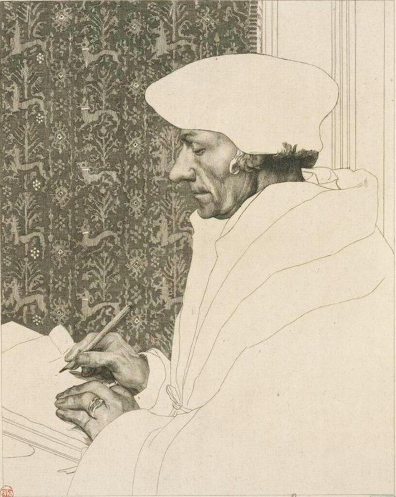 Félix Bracquemond: 1IE-1874-28-1, Portrait d'Erasme (d'après Holbein; premier état) =1863, B39-1, Didier Erasme, etch 1of10, 25x20, New York PL (iR61;iR10;iR48;iR42;R85III,no39)