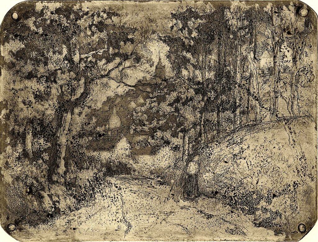 Camille Pissarro: 5IE-1880-142-5, Deux états, paysage, arbres et coteaux =!? 1879, D19, Chemin sous-bois à Pontoise, etch 6/6, 16x21, BM London (iR6;M147;iR10;R90II,p171+153;R138XVII,no19)