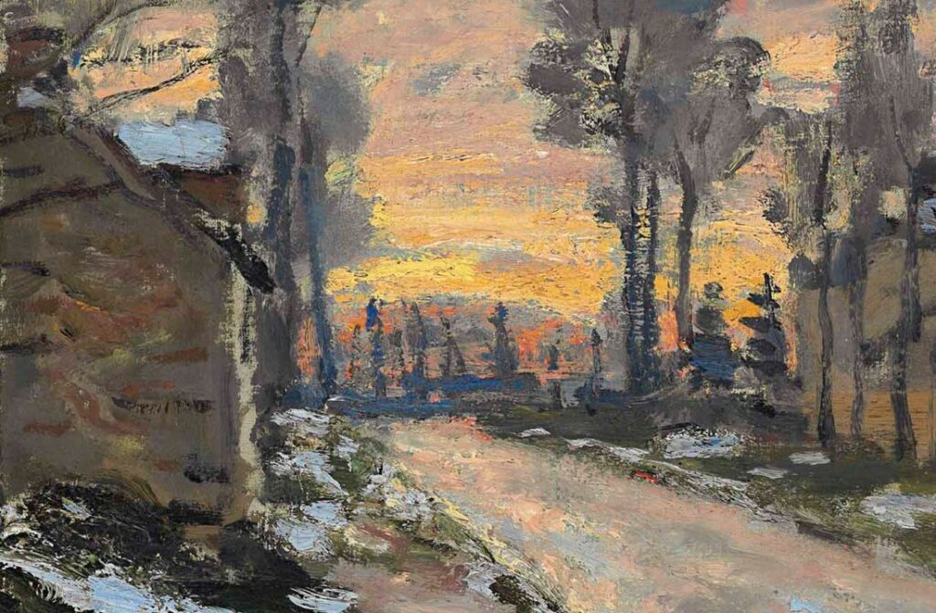 Claude Monet: 1869-70, CR148, Road at Louveciennes, Melting Snow, Sunset (Route de Versailles; detail), 40x54, A2017/05/15 (iR15;R22,no148) Provenance: Michel Lévy 1873?; B. Mancini; Boussod & Valadon 1888; =GP1889-8