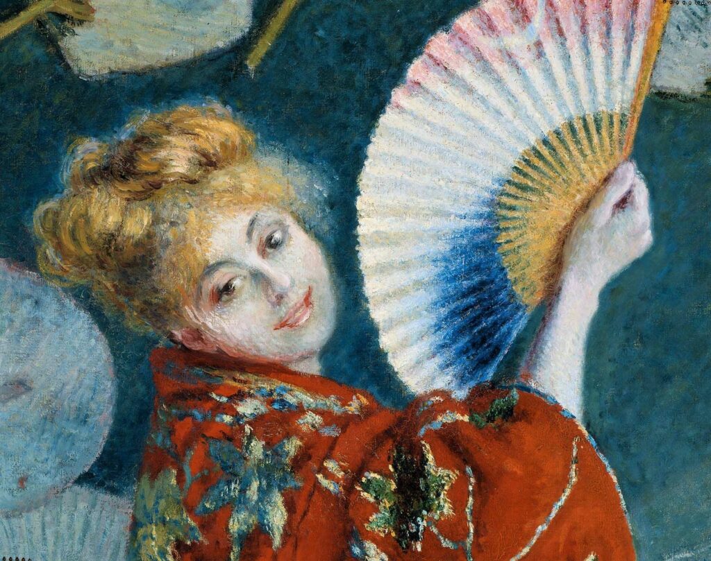 Claude Monet: 2IE-1876-153, Japonnerie = 1875, CR387, Camille Monet in Japanese costume (detail), 232x142, MFA Boston (iR10;iR2;R2,p144;R90II,p557;R22+R127,CR387;M22,no.56.147) Provenance: sale HD1876/04/14-37 (2000fr); sale Jean de Rasti HD1877/04/19-48; Paul Rosenberg; Expo: =BJ1903-37