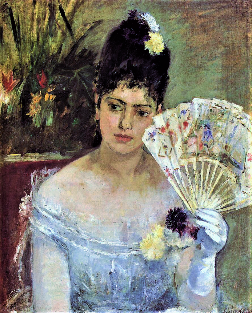 Berthe Morisot: 2IE-1876-166, Au Bal =1875, 1=2CR60, At the Ball, 62x52, Marmottan (iR2;iR59;R90I,p41;R42,p36;R3,p151;R2,p163;R90II,p41;R186,no60;M2) Provenance: G. de Bellio; Donop de Monchy. Expos: BVc-1892-10; DR1896-27; EU-1900-C-505, Femme au bal (à M. Donop de Monchy)