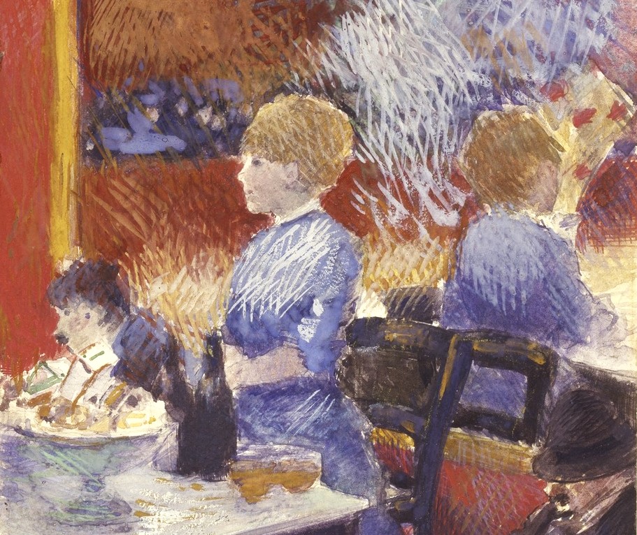 Jean-Louis Forain: 4IE-1879-97, Femme au café (aquarelle); appartient à Mme Martin =? 1878/01, The Bar at the Folies-Bergère (Café scene; à Sari; detail), opaque watercolour, 32x20, Brooklyn MA New York (M161;iR6;R50,p96;R43,p16;R2,p268)