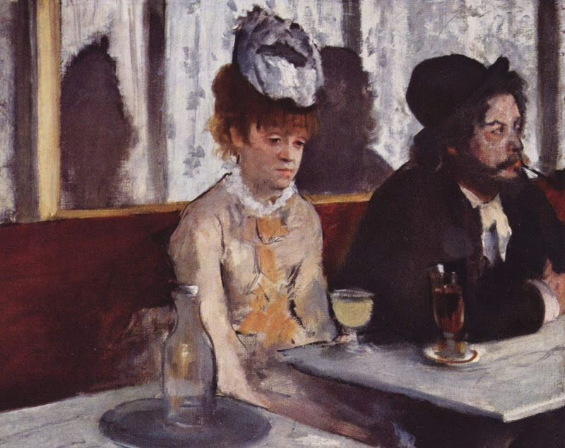 Edgar Degas: 1876, CR393, In a café (The Absinthe drinker; detail), 92x68, Orsay (iR10;iR64;iR2;R26,no399;R90II,p35+74+92;R2,p147+161+204;R8,p22;M1) =3IE-1877-61+hc, L’Absinthe = 2IE-1876-52, Dans un café (probably not exhibited). Depicting Ellen André + Desboutin in Café Nouvelle Athènes.