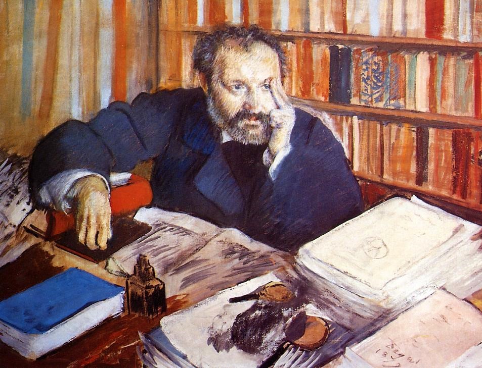Edgar Degas: 1879, CR517, Edmond Duranty (detail), pastel+tempera, 100x100, Glasgow AGM (iR10;iR6;R2,p36+267+311;R90II,p109+128+148+164;R26,no568;R90I,p290+308;M186) = 4IE-1879-58, Portrait de M. Duranty (détrempe) =!? 5IE-1880-44+hc2, Portrait de M. Duranty. Note: the surroundings represent the character.