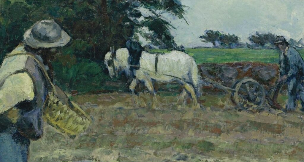 Camille Pissarro: CCP425, 1875, Semeur et laboureur, Montfoucault (detail), 46x56, A2009/05/05 (iR14;iR11;R116) Bought by Fauré 1875; =? DR1904-33