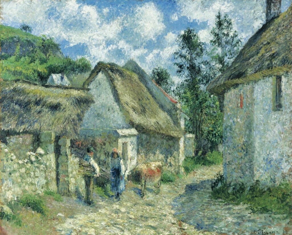 Camille Pissarro: 6IE-1881-68, Chaumières au Val Hermé =!? CCP632, 1880, SDbr, Rue des roches au Valhermeil à Auvers-sur-Oise, chaumières et vache, 60x73, A2007/11/07 (iR14;iR11;R116,no632;R2,p355) Provenance: Durand-Ruel 1881/01/14. Expos: =DR1883-24; =Rheims-1896-594; =Saint-Petersbourg-1899-276; =DR1904-60; DR1908-12.