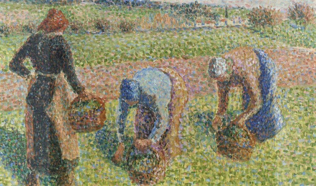 Camille Pissarro: 8IE-1886-102, Plein soleil, paysage aux champs =!? 1886, CCP830, Peasant women picking herbs, Éragny (detail), 38x46, A2018/06/20 (iR14;iR13;iR10;R116,CCP830;R2,p445;R90II,p247) Probably bought by Durand-Ruel in 1886; =New York-NAD-1887-169; =?1 New York DR-1903-17