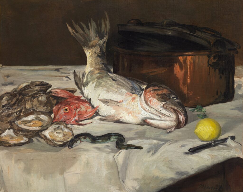 Édouard Manet (1832-83): 1864ca, Fish (Still Life), 74x92, AI Chicago (M20;R262,no;R71,no79) =Martinet 1865/02; =1867-38; =ENBA-1884-31; =EU-C-1900-449, Nature morte (à M. Manzi)