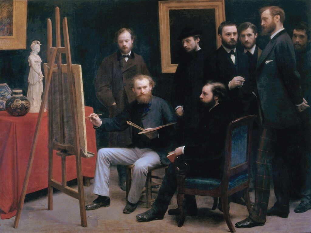 Henri Fantin-Latour (1836-1904): 1869-70, A studio at Batignolles (central: Manet painting Astruc; left to right: Scholderer, Renoir, Zola, Maître, Bazille, Monet), 204x273, Orsay (iR35;iR1;R1,p196;R88I,p19) =S1870-1000, Un atelier aux Batignolles
