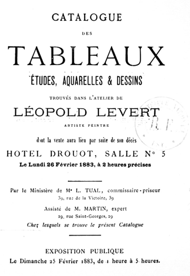 Cover page catalogue posthumous sale of Léopold Levert 1883/02/26 at Hôtel Drouot (aR2=iR40)