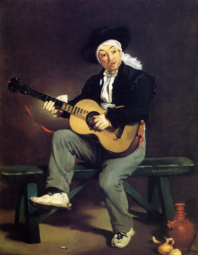 Édouard Manet (1832-83): 1860, RW32, The spanish singer, 147x114, Metropolitan (iRx;R243I;R71,no32;R262,no23;R213,p9+11+163,no56;R120,no32;M23) =S1861-2098, Le chanteur Espagnol (debut; 2nd class medal); =1867-3; =Marseille-1868; 1872: sold to Durand-Ruel; =DR1873-19, le Guitariste; =ENBA-1884-8; =EU-C-1889-486, Espagnol jouant de la guitare (app. À M. Faure)