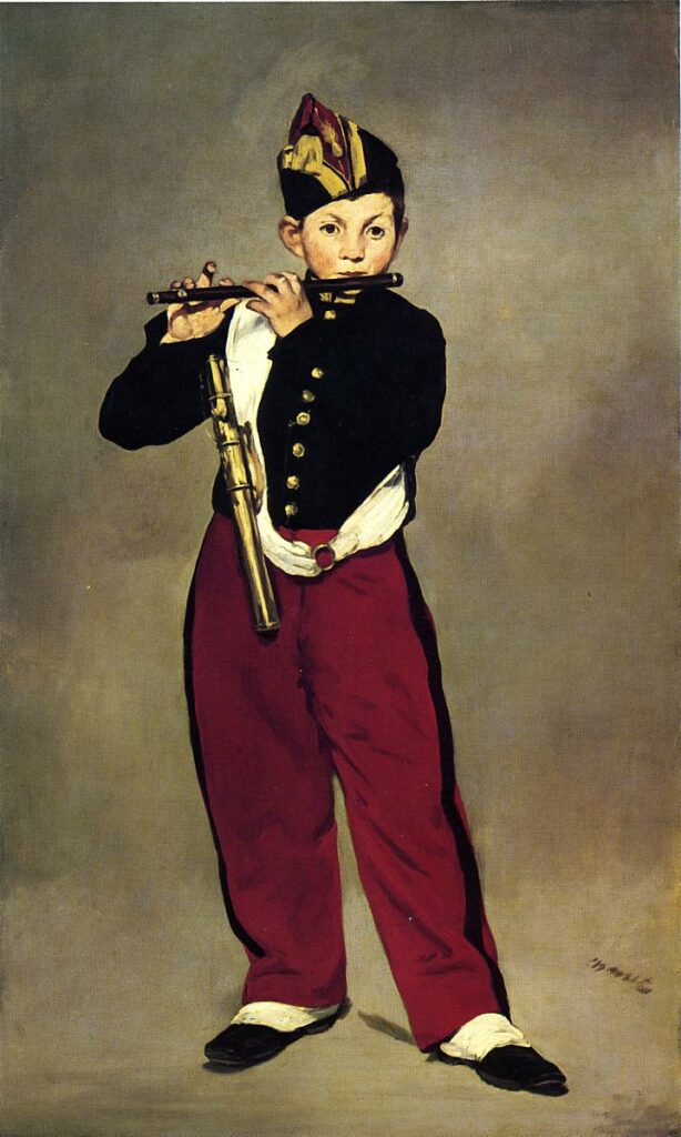 Édouard Manet (1832-83): 1866, RW113, The Fifer (Le Fifre), 160x98, Orsay (iRx;aR1;R71,no104;R213,no14;R120,no113;M1) Provenance: 1872 Durand-Ruel; Expos: =S1866-R; =ENBA-1884-33; =NY-AAG-1886-22, Le Fifre de la garde; =EU-C-1889-485 (app. à M. Faure)