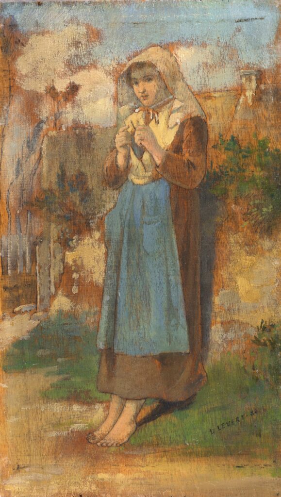 Léopold Levert: 1880, SDbr, Portrait of a breton girl (knitting), 21x12, private (aR8;iR11;aR2;R2,p312) Compare: HD1883/02/26-79, La Fille du marin, wc/dr; Compare: 5IE-1880-107, Chaumières à Carteret