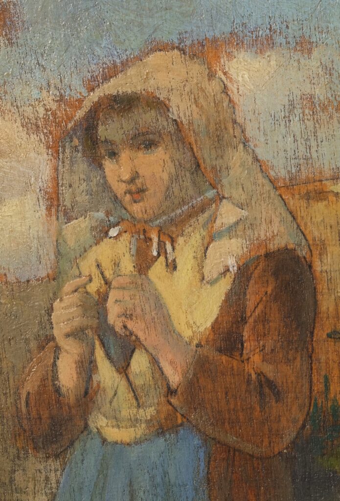 Léopold Levert: 1880, SDbr, Portrait of a breton girl (knitting, detail), 21x12, private (aR8;iR11;aR2;R2,p312) Compare: HD1883/02/26-79, La Fille du marin, wc/dr; Compare: 5IE-1880-107, Chaumières à Carteret