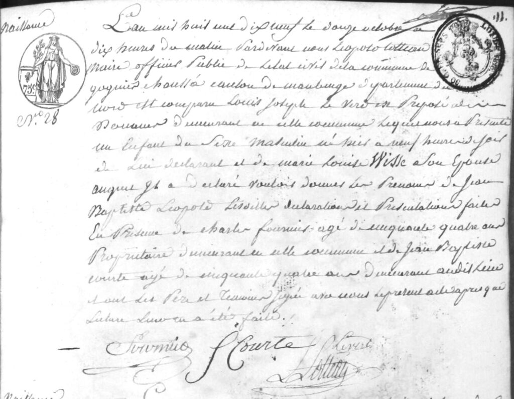 Birth certificate Jean-Baptiste-Léopold Levert, born 1819/10/11 (aR8;iR4)