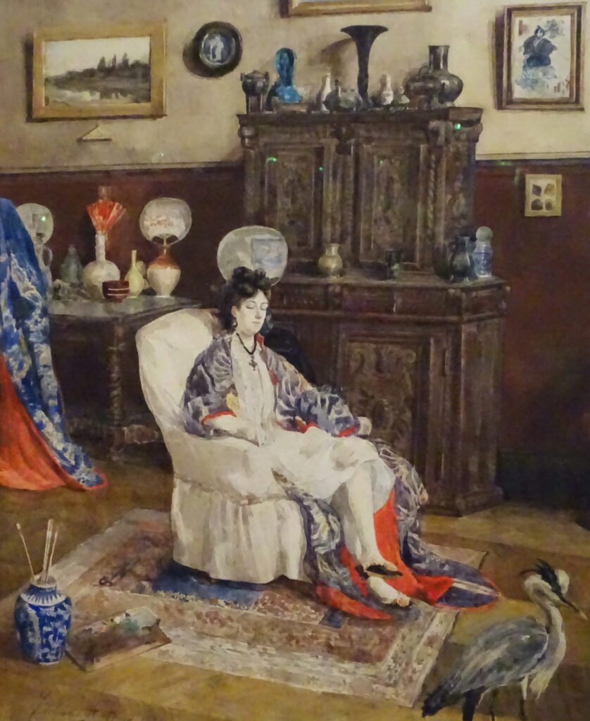 Zacharie Astruc: 1IE-1874-3-2, Scènes de somnambulisme (aquarelle) =1871, SDbl, Sleeping woman in the artist's interior (Scènes de somnambulisme) (detail), wc, 56x42, MdlO Vichy (HW;M21;iR438;iR10;aR29,cat.41;R2,p118;R410,p33+273) Maybe reviewed as 'Intérieur Japonaise' (R90I,p21+38)