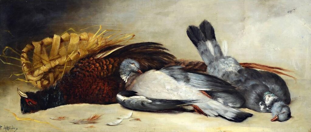Antoine-Ferdinand Attendu: 18xx, Sbl, Nature morte avec pigeons et faisan (Still life with pigeons and pheasant), 35x80, A2023/01/28 (iR17;iR10;iR40) Compare: HD1895/05/09-66, Faisan et pigeons. (pastel)
