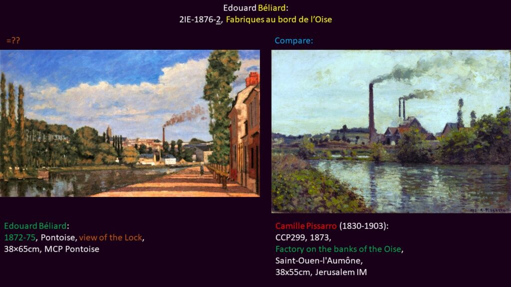 Edouard Béliard: 2IE-1876-2, Fabriques au bord de l’Oise. Compare a painting of another artist explicitly depicting factories along the Oise and a painting of Béliard depicting factories in the distance.