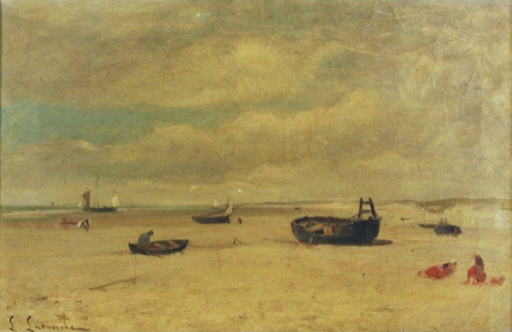 Louis Latouche: 18xx, Sbl, Beach Scene, 37x50, A2021/10/10 (iR17;iR13;iR10;R2,p161) =??? 1IE-1874-69, La plage, marée basse à Berck (Pas-de-Calais)