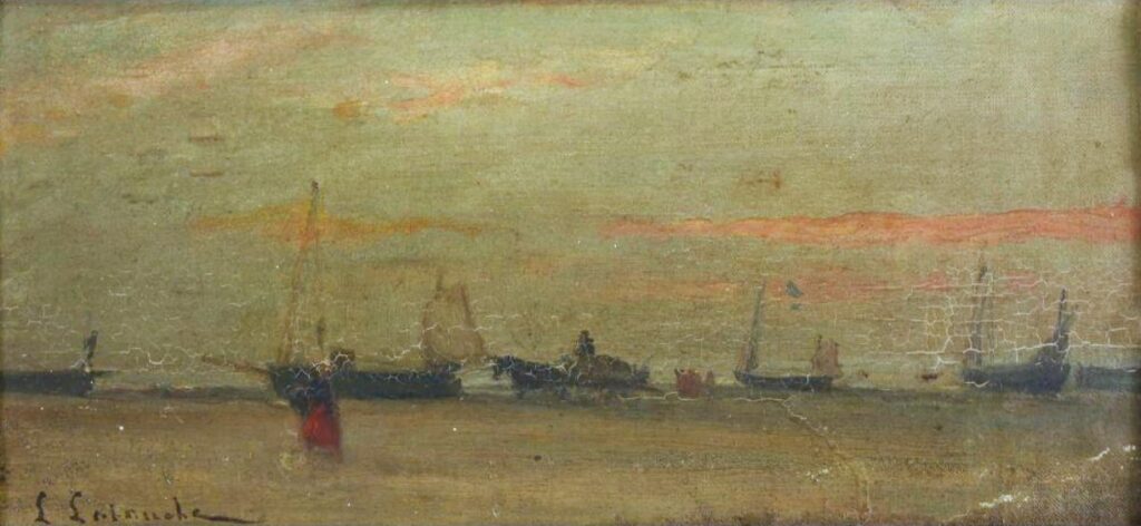 Louis Latouche: 18xx, Sbl, Coastal Landscape, on panel, 15x33, A2021/10/10 (iR17;iR11;iR10;R2,p121) =??? 1IE-1874-69,  La plage, marée basse à Berck (Pas-de-Calais)