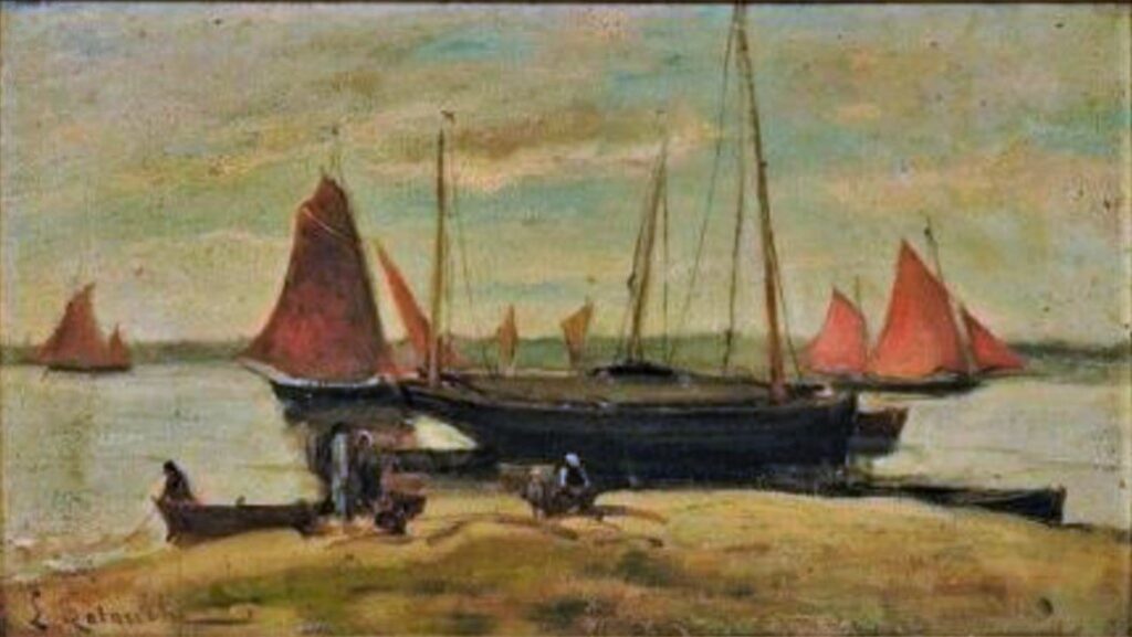 Louis Latouche: 18xx, Sbl, Fishing vessels and figures on the shore, 24x43, A2016/04/08 (iR17;iR10;iR41)