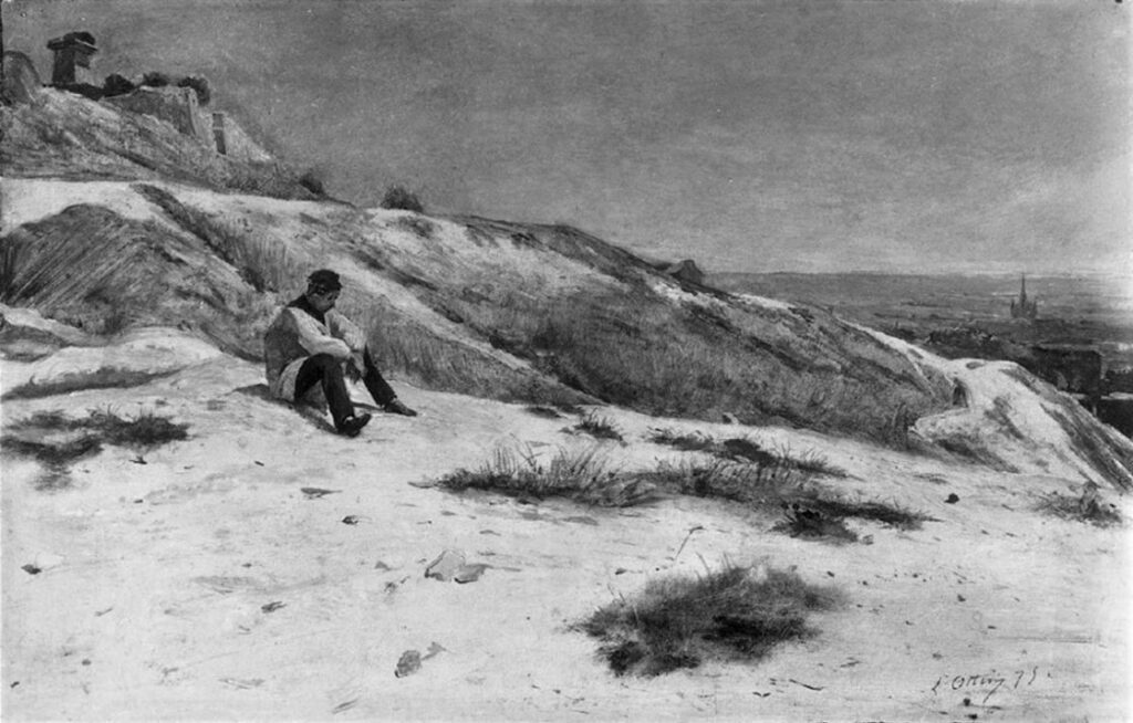 Léon Auguste Ottin: 1875, SDbr, Young man sitting on a dune, oil on wood, 21x33, A2006/05/20 (aR2;iR16;iR10) =? S1875-1570, La butte Montmartre, le matin; =?? 2IE-1876-184, Mont Cassin, versant sud (Butte Montmartre); Compare: 1IE-1874-131, La butte Montmartre, versant sud.