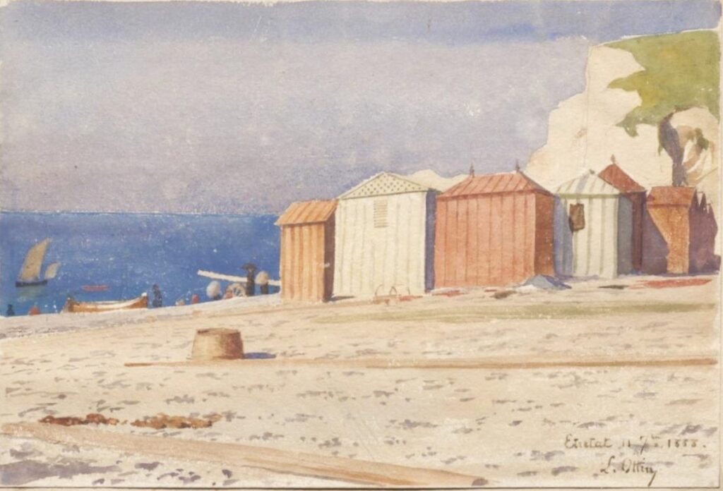 Léon-Auguste Ottin: 1888/09/11, SDbr, Beach of Etretat, wc, 26x33, private (iR10;aR22)
