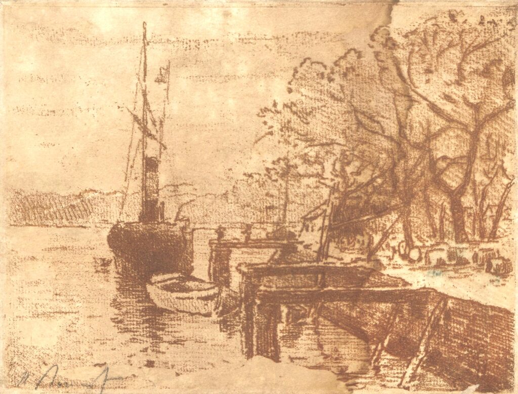 Henri Rouart: 1877ca, Sbl, unknown title (Banks of a river), etch (frontpage in Croquis à L’Eau-Forte 1877), 25x19, NM Warsaw (M269) =?? 1IE-1874-158, Eau-forte