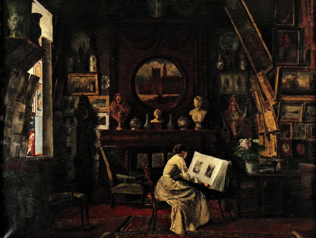 Henri Rouart: 1884ca, Sbr, (Hélène at) The studio at Rue de Lisbonne, 97x129, private (R92,no28)