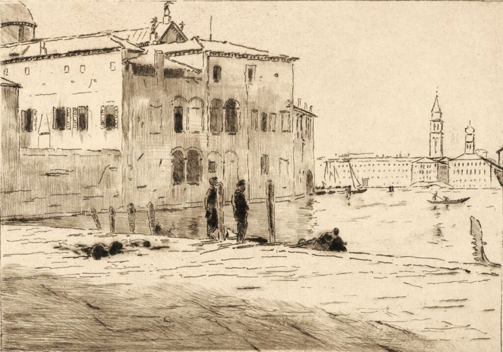 Henri Rouart: 1879 or 1883ca, Sbr, View on Venice, the quays, etch + ps, 29x40, A2023/11/21 (iR86;iR127;iR64,M5a) Compare: 5IE-1880-185-192, Venise (Aquarelle) (no.192).