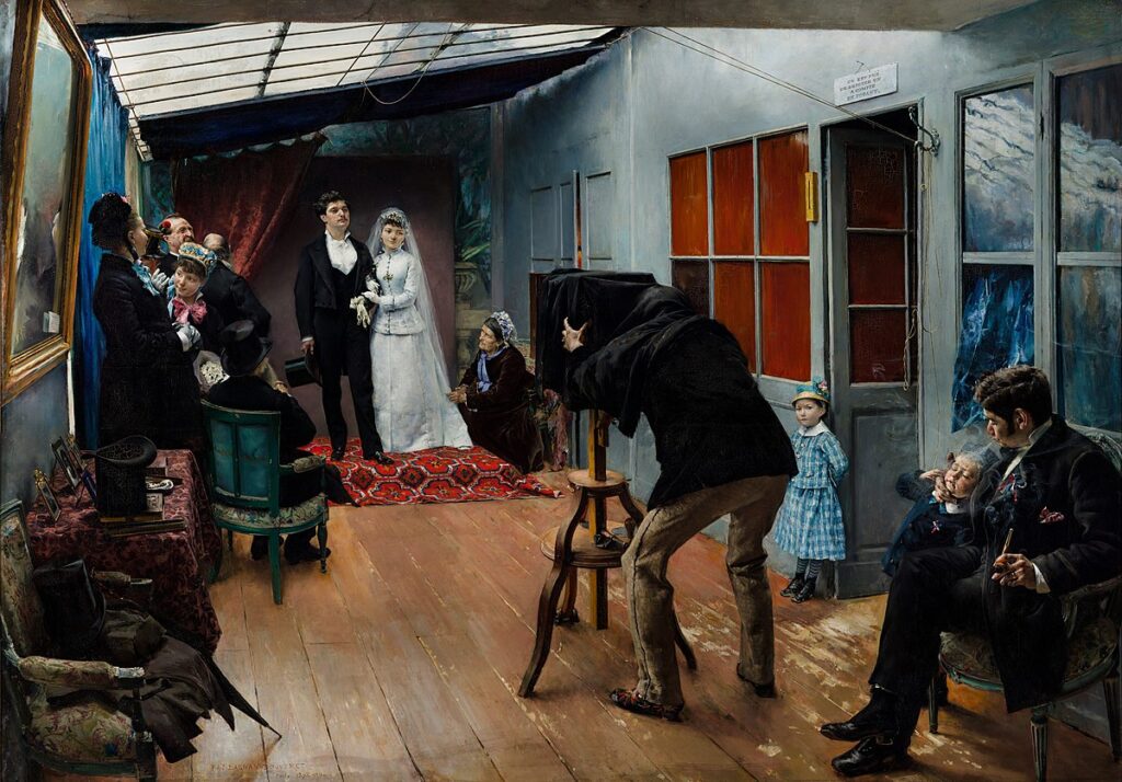 Dagnan-Bouveret (1852-1929): 1879, Wedding in the photographer’s studio, 85x122, MBA Lyon (iR6;iR1;M217) =!? S1879-810, Une noce chez un photographe.