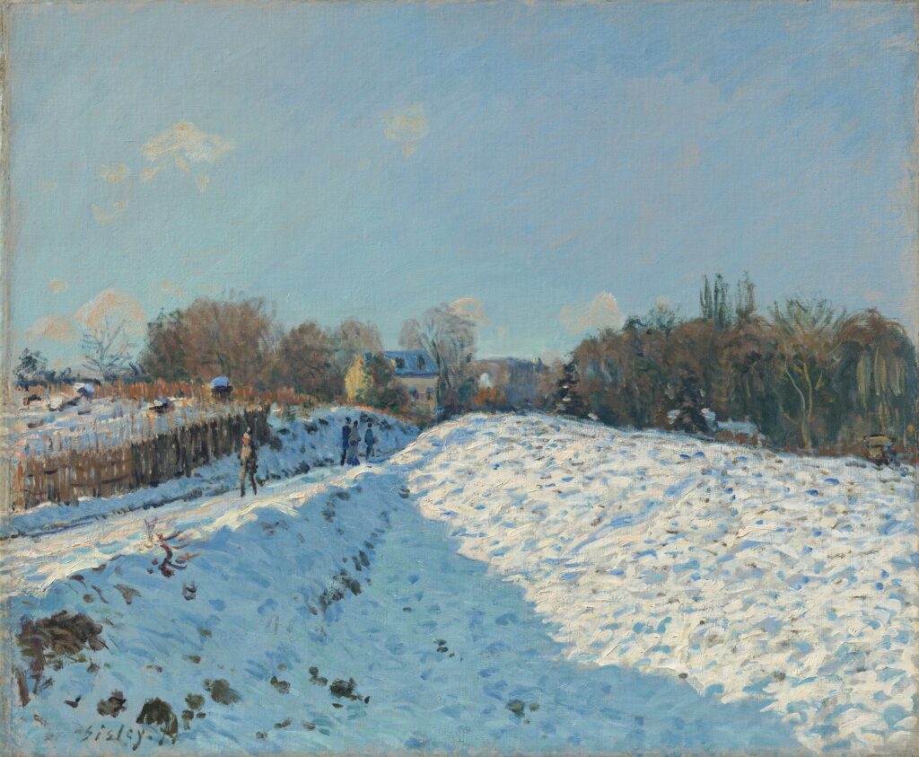 Alfred Sisley: 1874, SDbl, CR147=CCPP142, Snow effect at Louveciennes, 54x65, MB Potsdam (iR10;M268;iR2;iR11;iR40;R38;R129,no147;R396,no142;R88II,p452) =?? 2IE-1876-237, Effet de neige. Provenance: =?? HD1875/03/24-69, Effet de neige (54x65) -> Durand-Ruel (200fr); 1892 Durand-Ruel; Depeaux; GP1906/05/31-59; Decap.