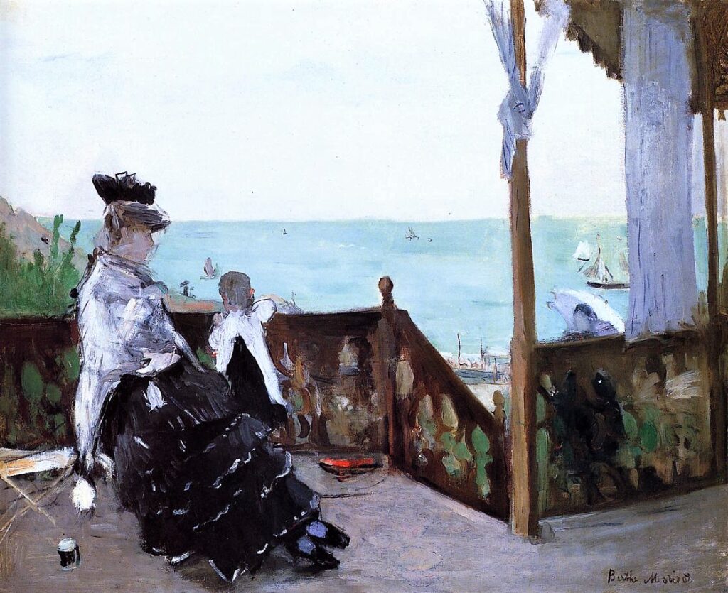 Berthe Morisot: 1874, 1+2CR38, Sbr, In a villa at the seaside, 51x61, NSM Pasadena (iR2;iR6;R42,p25;R100,no38;R186,no38;R1,p354;R88II,p451;M43) Provenance: HD1875/03/24-21, Châlet au bord de la mer (51x61cm) -> Rouart (230fr); Hoschedé; Degas; sale 1918/03/26-83. Expo: DR1896-124. Location: Fécamp.
