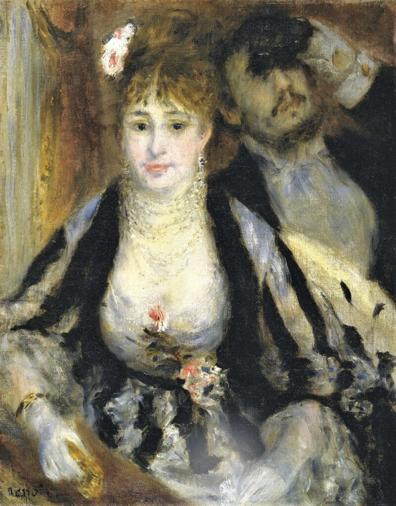 Auguste Renoir: 1874, Sbl, 1CR115 =1F124, La loge (L'avant scène), 27x21, A2008/02/05 (iR11;iR40;R30=R193,no124;R108,no115;R88II,p452) HD1875/03/24-51, Avant-scène (27x22) -> Jean-Dollfus (220fr); sale GP1912/03/02-60.