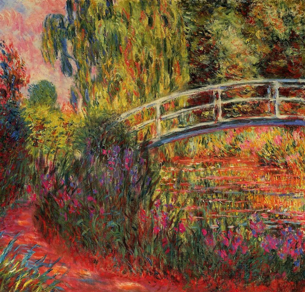 Claude Monet: 1900, CR1632, SDcl, Water-Lily Pond, water-irises (Japanese bridge), 89x100, private (iR2;iR6;R22,no1632) Provenance: 1900/11 - 1920 Durand-Ruel. Expos: DR1900-2; BJ1906; Barcelona-1907-15; 15LE-1908-138; Zurich-Kh-FI-1908-19.
