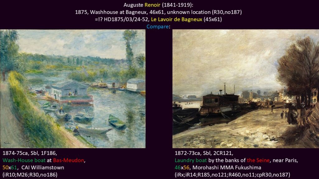 Auguste Renoir: HD1875/03/24-52, Le Lavoir de Bagneux (45x61) (aR1=iR40=R30=R193,no187). Compare: two other paintings with washing boats (R30=R193,no186 +R185,no121). Sold for 100fr to Perrier (R88II,p452).