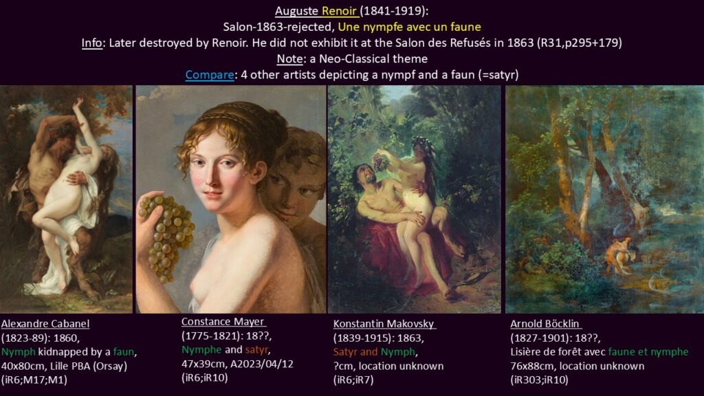 Auguste Renoir: S1863-R, Une nympfe avec un faune (destroyed). Compare 4 other artists depicting a nympf and a faun (=satyr).