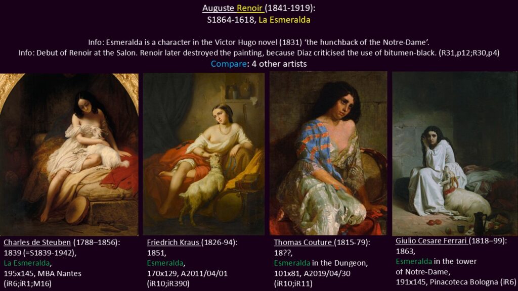 Auguste Renoir: S1864-1618, La Esmeralda (destroyed). Compare 4 other artists depicting Esmeralda.