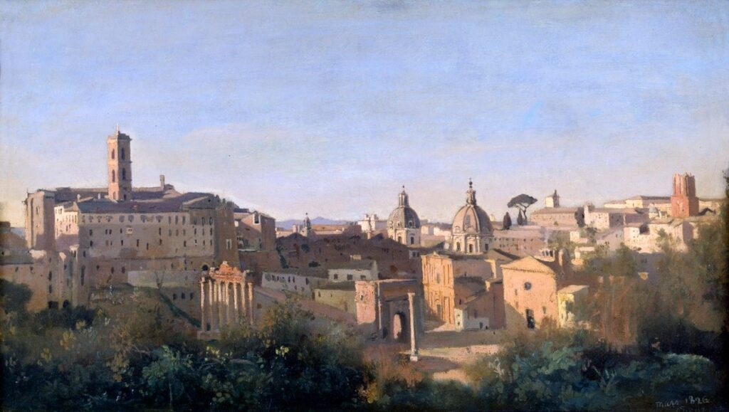 Corot (1796-1875): 1826, CR67, The Forum seen from the Farnese gardens, 28x50, Louvre (iR155;iR10;iR6;R61,no3+p19;M5)