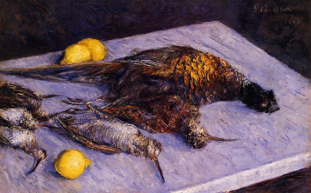 Gustave Caillebotte: 1883, SDtr, 1CR236=2CR282, Pheasants and woodcocks on a marble table, 51x81, MFA Springfield (iR2;R102,no282;R101,no236;M46) Expo: DR1894-57. Provenance: 1894ca Paul Hugot.