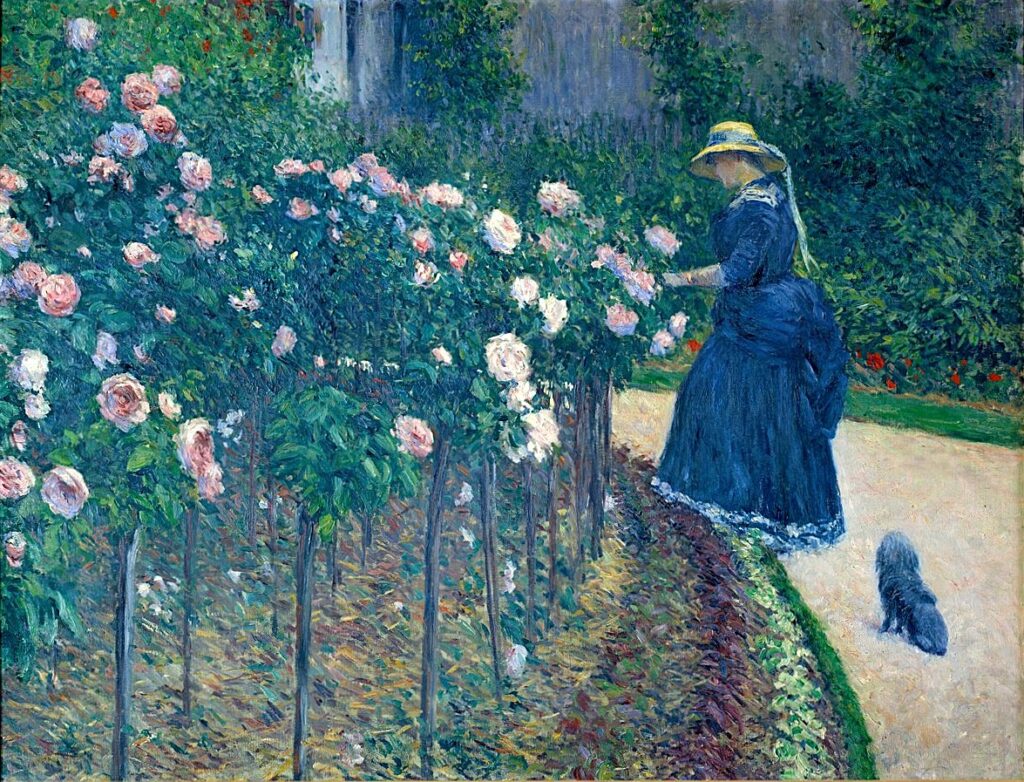 Gustave Caillebotte: 1886ca, Sbl, 1CR312=2CR345, Roses, Garden at Petit Gennevilliers, 89x116, private (iR155;iR10;iR2;R17,p231;R102,no345;R101,no312) Expos: DR1894-89; SdA1921-2707. Model: Charlotte Berthier. Provenance: Me. Albert Courtier.