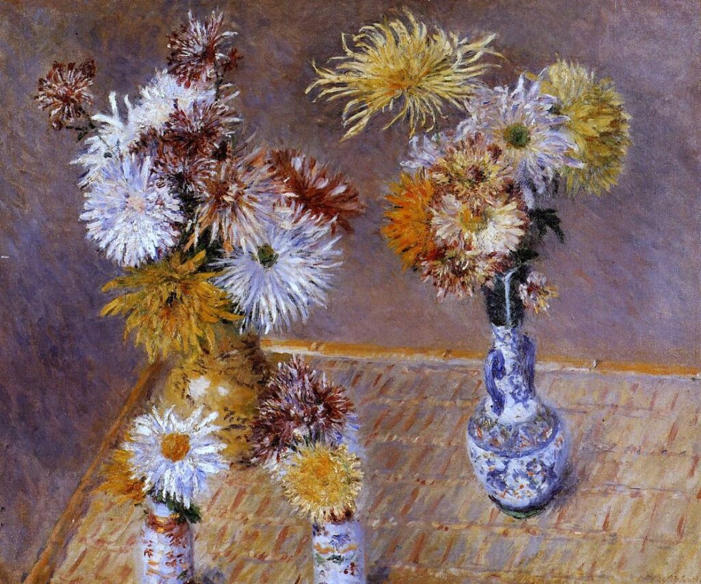 Gustave Caillebotte: 1893ca, 1CR454=2CR484, Sbr, Four vases of Chrysanthemums, 53x65, private (iR2;R102,no484;R101,no454) Expo + provenance: DR1894-82 -> Decap.