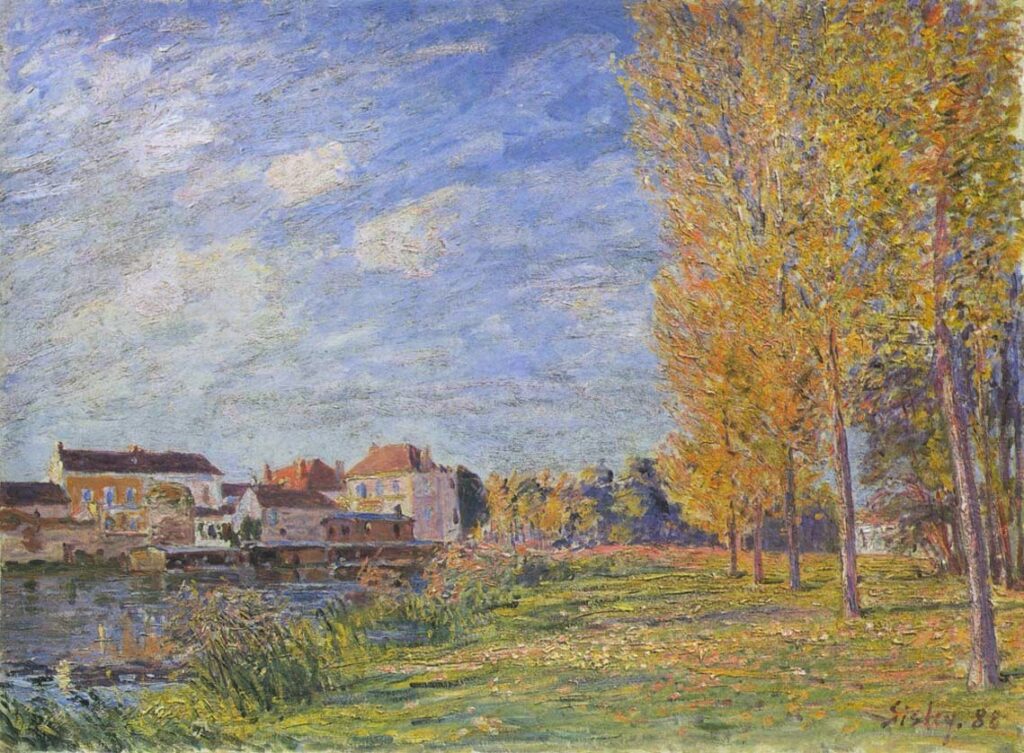 Alfred Sisley: 1888, SDbr, CR686=CCPP774, The washboat at Moret, Sunday afternoon, Indian Summer, 54x73, private (iR2;iR1;R129,no686;R396,no774) Expo: =? SNBA-1893-973, Le Canal du Loing; été de la Saint-Martin.