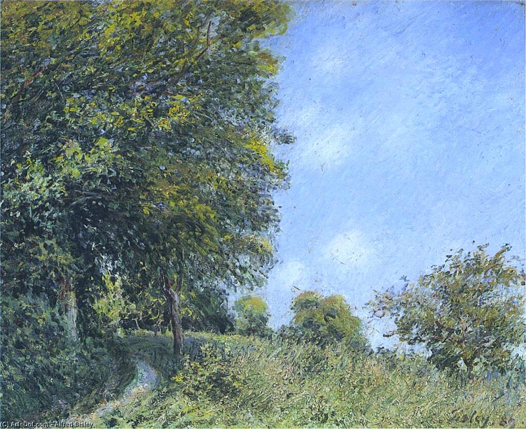 Alfred Sisley: 1889, SDbr, CR711=CCPP810, Autour de la forêt, matinée de juillet, 60x73, private (iR10;iR326;iR261;iR40;R129,no711;R396,no810) Provenance: Camentron; 1892/06/08 Durand-Ruel. Expos: SNBA-1896-1152, Autour de la forêt (le matin); =? Saint-Petersbourg-1912-601, Le matin en Juillet (Morning in July); DR1914-58.