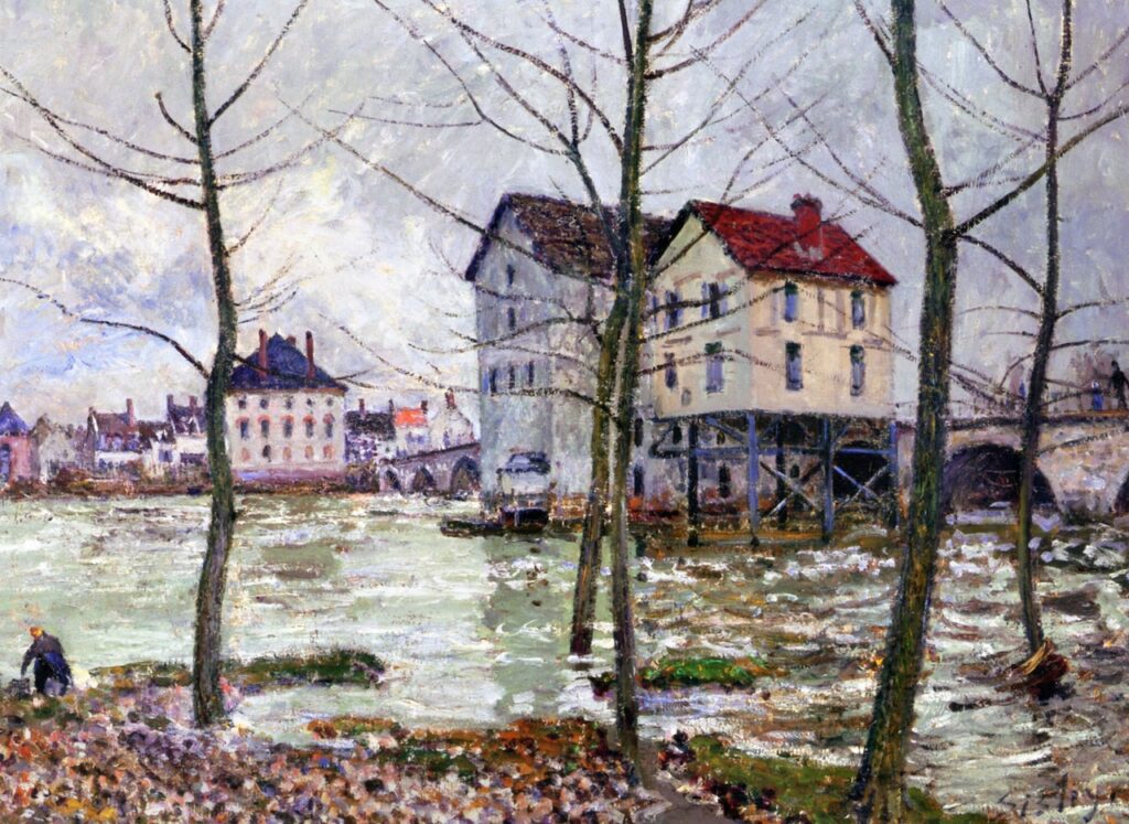 Alfred Sisley: 1890ca, Sbr, CR722=CCPP849, The (water)mills of Moret-sur-Loing, Winter, 55x74, A2004/05/04 (iR2;iR11;iR1;R38;R129,no722;R396,no849) Expo: =? SNBA-1891-865, À Moret en hiver (les moulins). Provenance: Depeaux; sale GP1906/05/31-65 -> Durand-Ruel till 1908/01/10.
