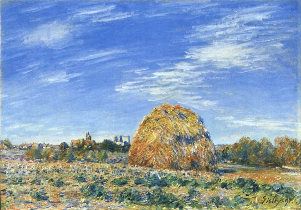 Alfred Sisley: 1891, SDbr, CR771=CCPP872, Haystacks in Moret-sur-Loing in October, 65x92, MdCh Douai (iR2;R129,no771;R396,no872;M176) Provenance: Tavernier; sale GP1900/03/06-73; Arconati; Dr. Paulin; sale HD1901/11/21-61. Expos: EIP-1891-131; SNBA-1895-1141, Une meule de paille (en octobre); appartient à M. Tavernier; GP1897-16.